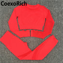 Yoga Set Women Fitness Gym Clothing Sport Suit Seamless Hollow Out Long Sleeve Crop Top High Waist Workout Leggings Sportwear