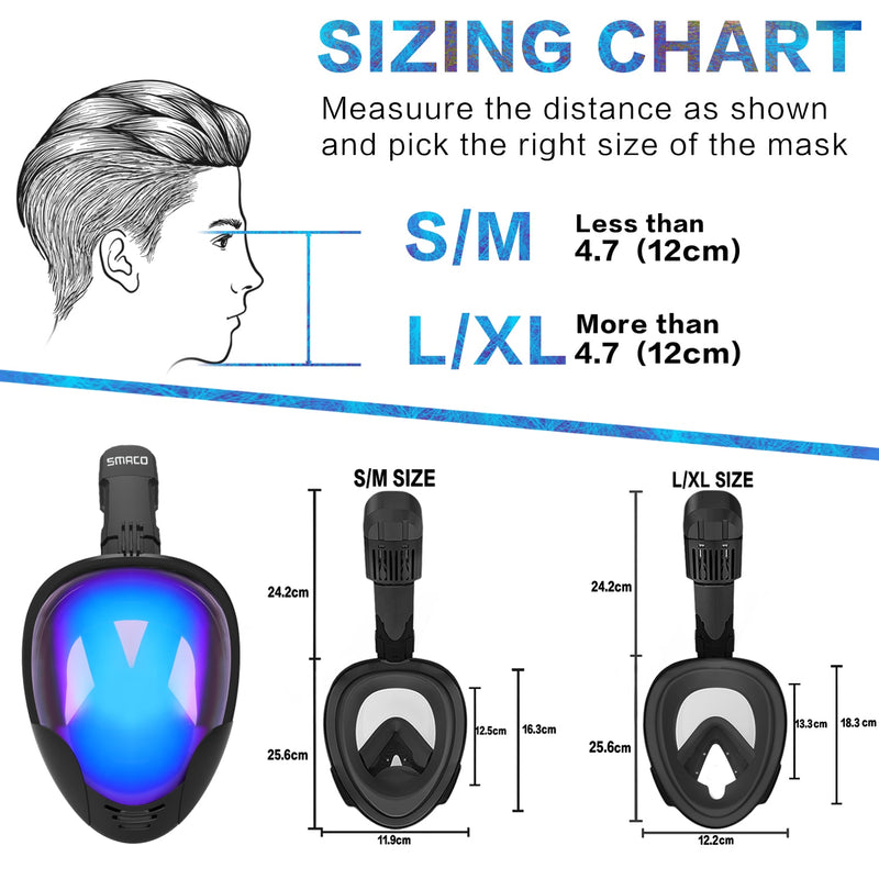 SMACO Full Face Snorkel Mask with UV Protection Anti-Fog Detachable Camera Mount 180 degrees Panoramic View