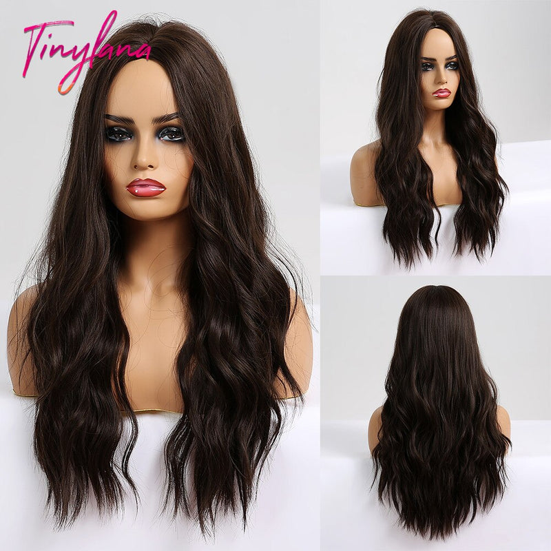 Long Synthetic Brown Blonde Water Wavy Gloden Highlight Wigs Middle Part Heat Resistant Cosplay Natural Hair for Black Women