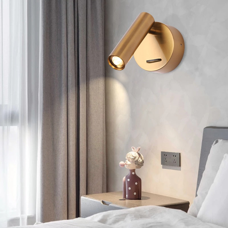 Brass Indoor LED Wall Light With Switch Interior Wall Lamp Decorat Bedroom Hotel Guest Room Lighting for a bedside reading light