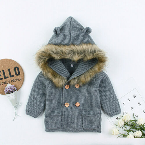 0-24M Winter Warm Newborn Baby Boy Girl Knit Hooded Coat Fur Collar Jacket Clothes Thick Autumn Clothing