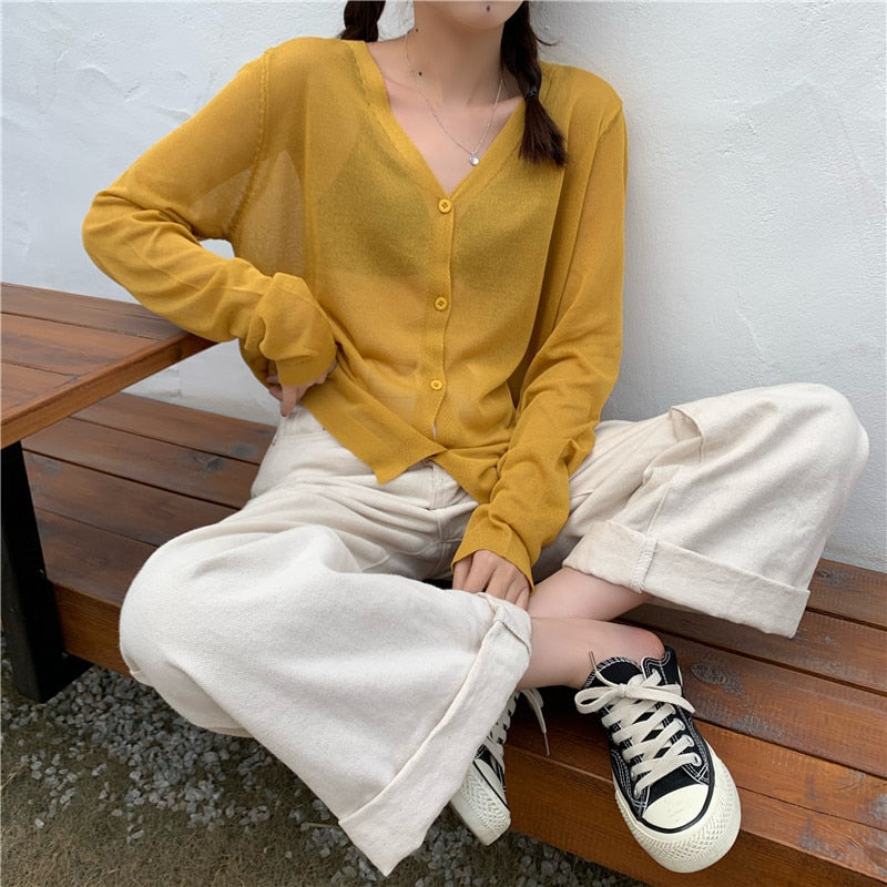 Cardigan Women Korean Long Sleeve Cardigan Summer Cropped Cardigan Knitted V-Neck Thin Ice Silk Sweaters Sunscreen Shirt Tops