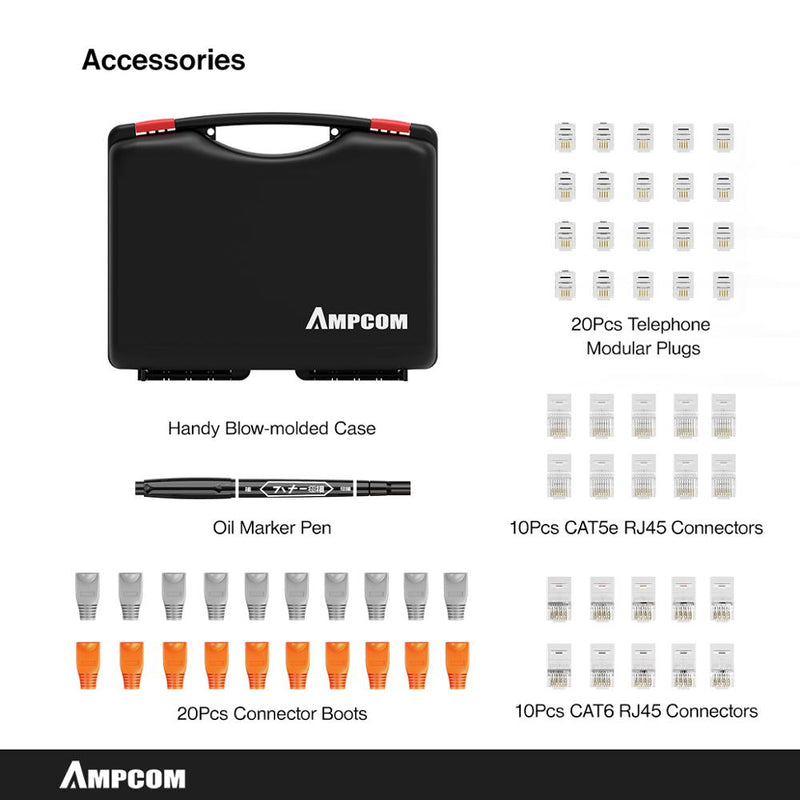 Network Tool Kit, AMPCOM 12 in 1 Professional Portable Ethernet Computer Maintenance LAN Cable Tester Crimper Cutter Repair Set