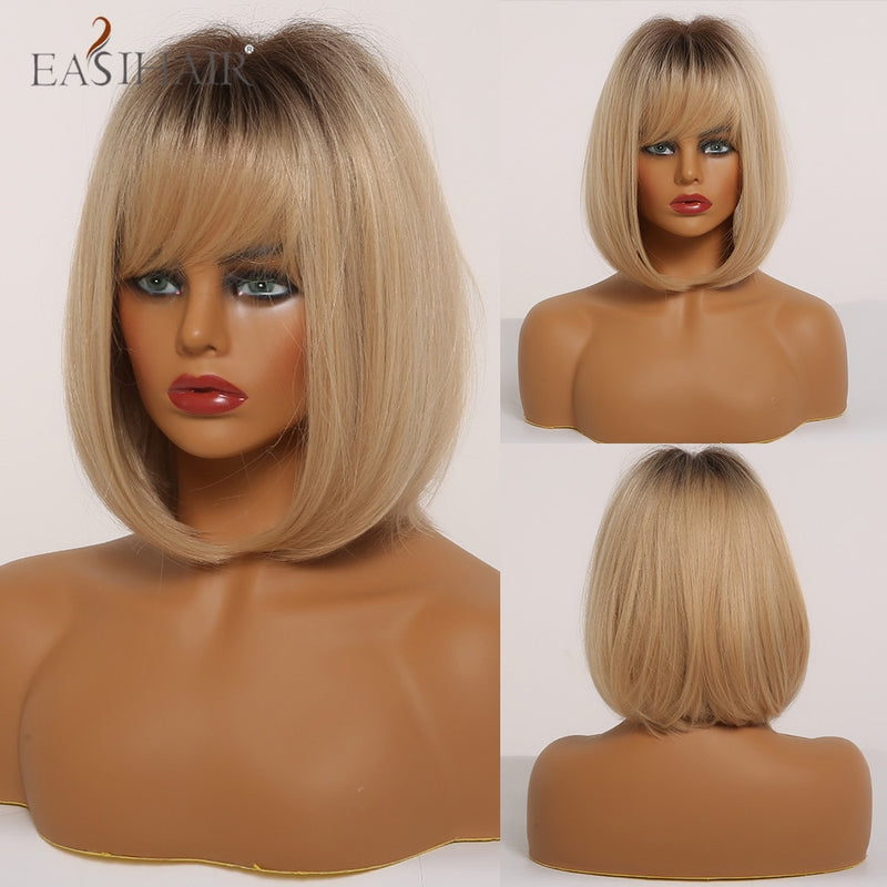 EASIHAIR Dark Brown Short BoBo Wigs with Bangs Heat Resistant Synthetic Hair Wigs Cosplay Lolita Female Wigs for Women