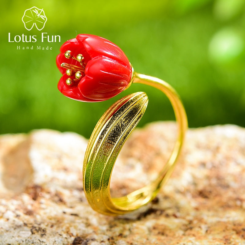 Anillo de oro de 18 quilates de Plata de Ley 925 auténtica de Lotus Fun, joyería fina hecha a mano de Coral rojo, anillos de flores de lirio de los valles para regalo de mujer