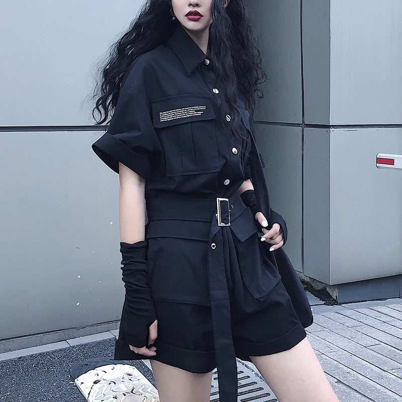 Mono negro para mujer, estilo coreano Harajuku Vintage, pantalones Cargo de cintura alta, Tops de manga corta, ropa de calle, peleles, traje, ropa