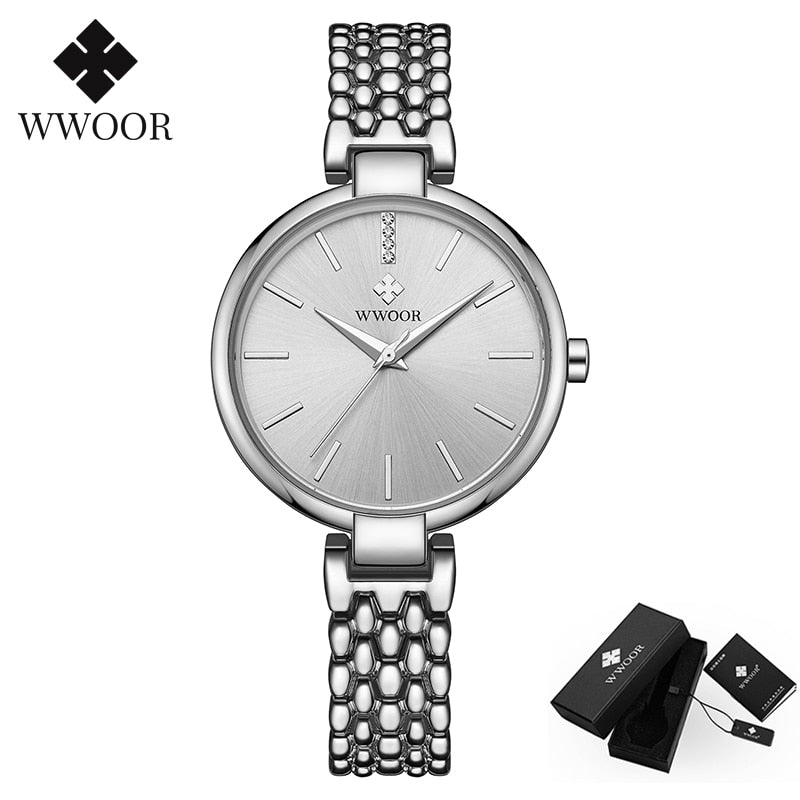 Reloj elegante WWOOR para mujer, reloj de pulsera de cuarzo con diamantes, conjunto de relojes de marca superior de lujo para mujer, reloj de pulsera, reloj femenino