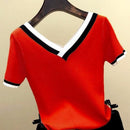 V-Neck Short Sleeve Shirt Women Contrast Color Striped Knitted 2023 Summer Tops Shirt Korean Clothes Femme Camisetas Mujer 13362
