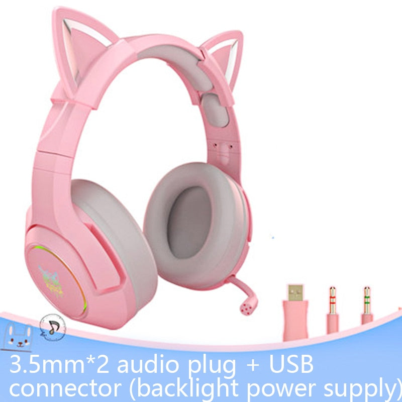 Auriculares estéreo RGB Gaming 7,1, auriculares rosas, Oreja de Gato extraíble, cable USB con micrófono, reducción de ruido para PS4/Xbox one, linda chica