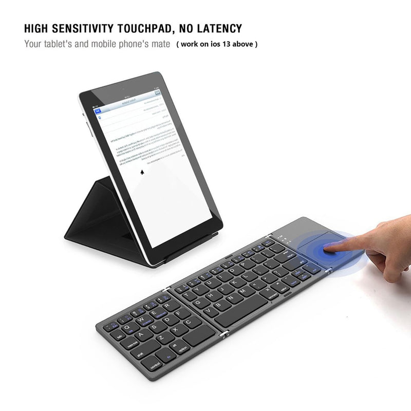 AVATTO Russisch/Spanisch/Englisch B033 Mini-Klapptastatur, kabellose Bluetooth-Tastatur mit Touchpad für Windows, Android, IOS