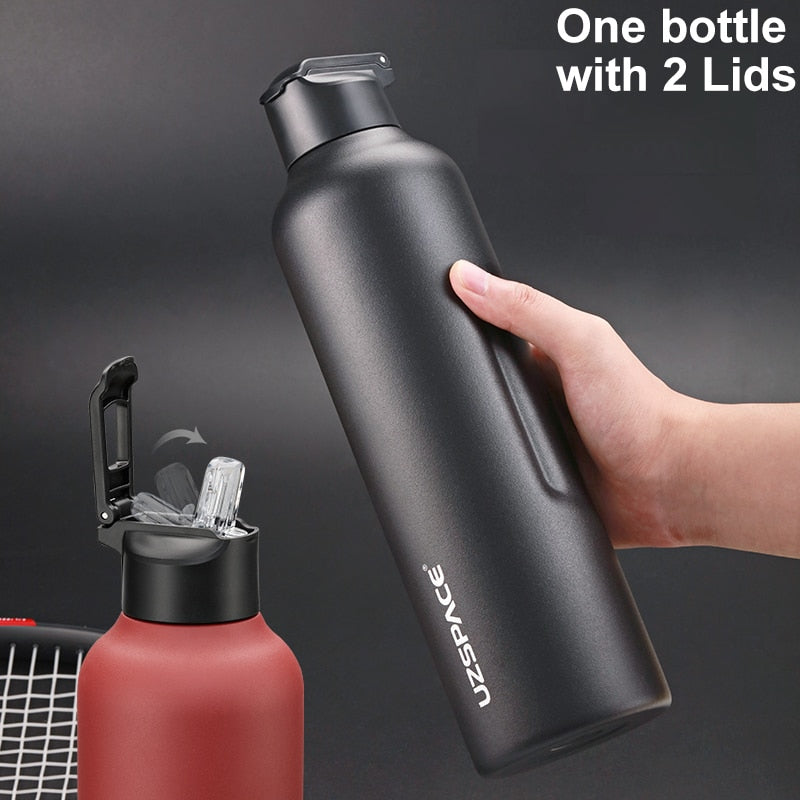 Nueva botella de agua de acero inoxidable con pajita para beber directamente, 2 tapas, frascos de vacío, termo aislado portátil de viaje para escalar térmicamente
