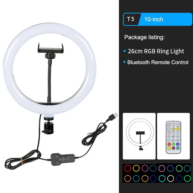 26cm Colorful RGB Ring Light with Stand Phone Tripod Lighting Ring Light with Remote Phone Camera Holder for Tiktok Photo Video