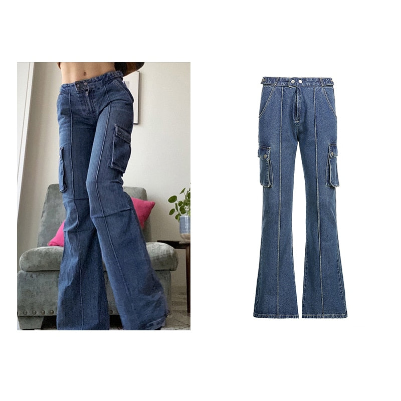 Rapcopter y2k Jeans Retro Sashes Denim Pants Ruched Drawstring Cargo Pants Women Big Pockets Trousers Women Streetwear Jeans 90s