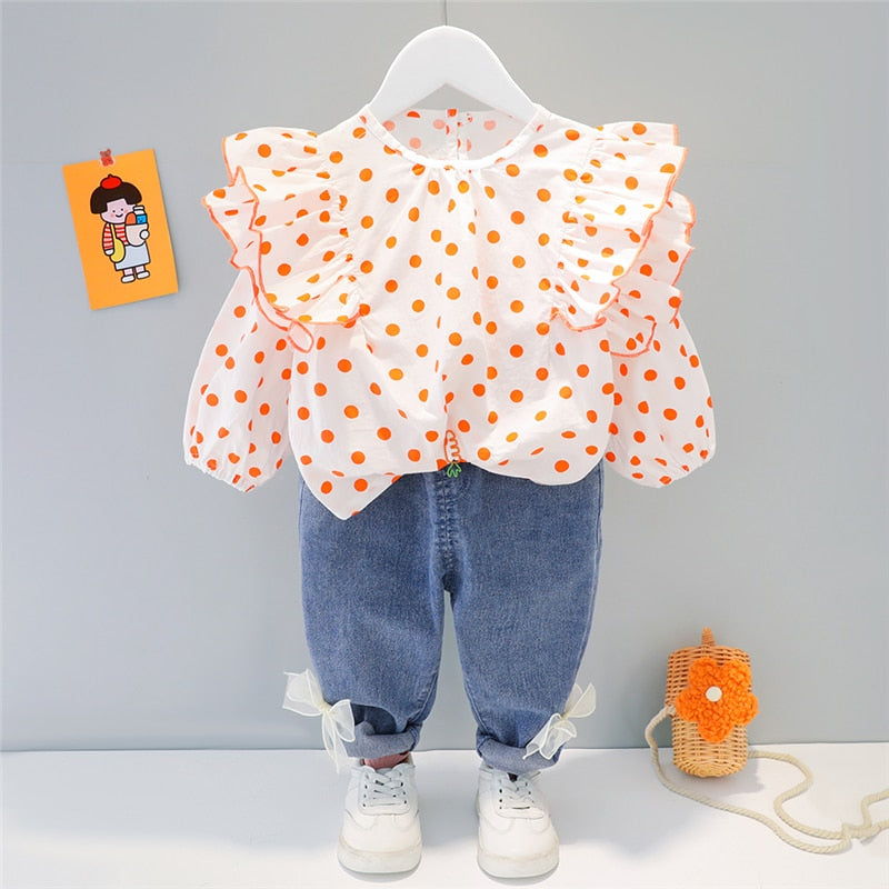 Conjuntos de ropa de primavera y otoño para niñas pequeñas, ropa de princesa para niños, Tops de lunares de encaje, pantalones vaqueros con lazo, disfraz para niños pequeños