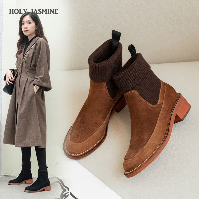 2020 invierno otoño botines para mujer talla 34-39 calcetín tejido botas mujer punta cuadrada negro marrón botines Slip Ons zapatos nuevos