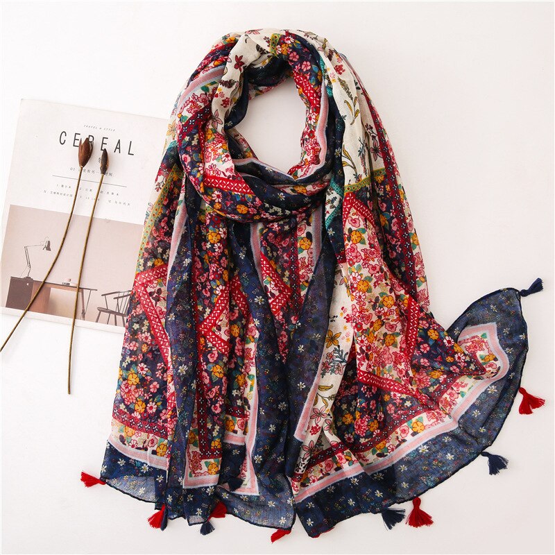 2020 fashion spring summer geometry printing cotton scarf with tassel fashion wraps shawls sunscreen beach hijabs wholesale