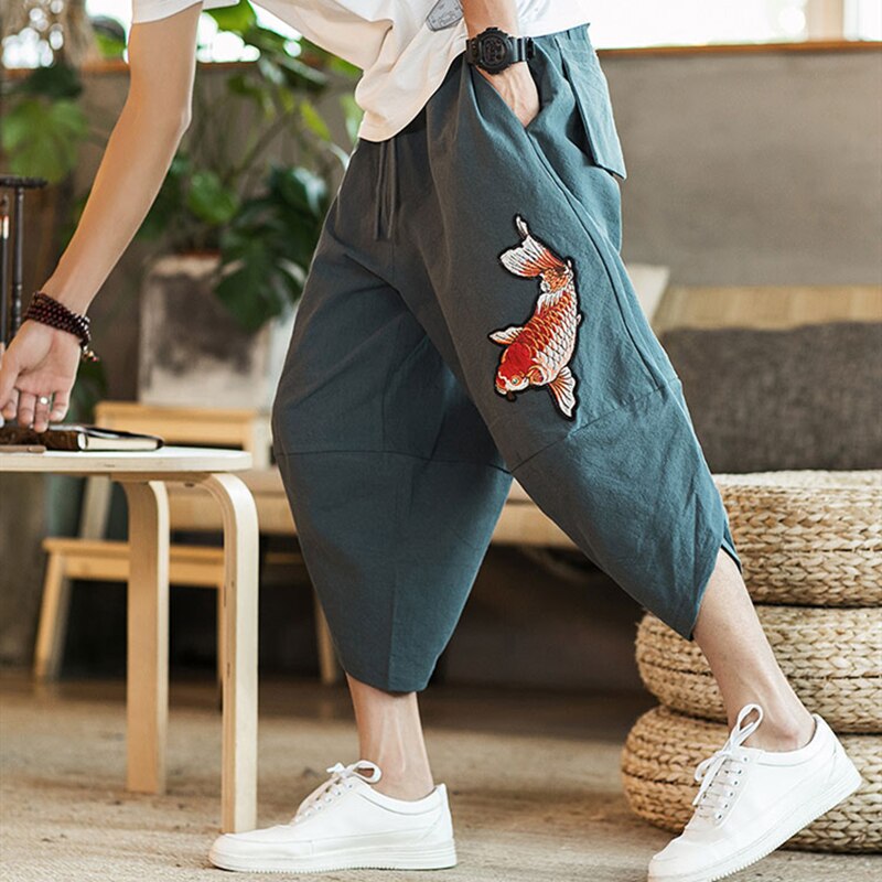 Verano hombres carpa Kimonos estilo japonés Harajuku Yukata Beam pies Harem pantalones jóvenes pantalones casuales asiático Japón estampado traje masculino