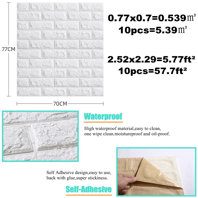 10 pegatinas de pared 3D de 77x70cm, papel tapiz autoadhesivo impermeable para dormitorio de ladrillo de imitación para decoración de fondo de TV y sala de estar