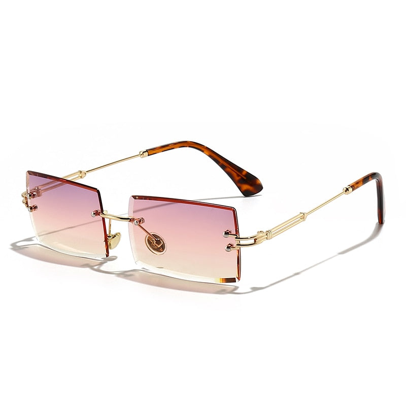 HBK Fashion Rimless Sunglasses Women TOP QUALITY Trendy Small Rectangle Sun Glasses Summer Style UV Gold Brown Shades for men