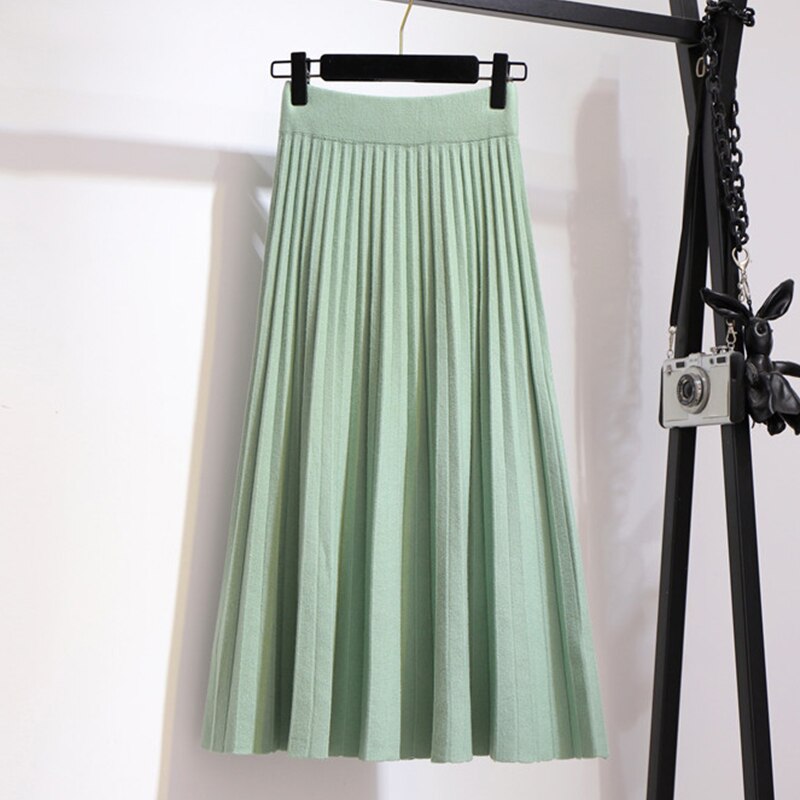 TIGENA Korean School Knit Midi Skirt Women Fashion 2021 Autumn Winter Casual Knee Length High Waist Pleated Skirt Female Green