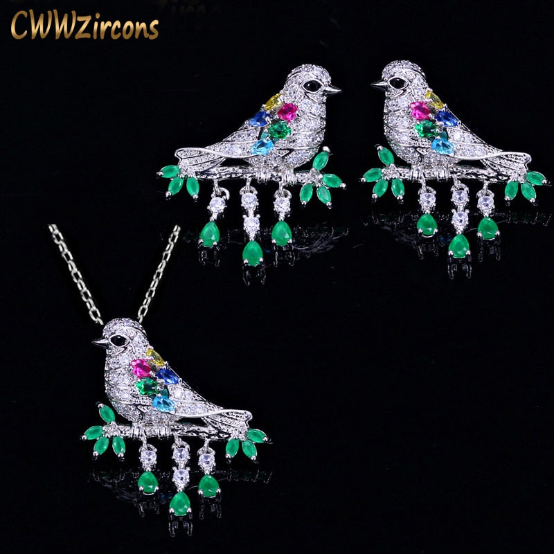 CWWZircons High Quality Water Drop Green CZ Crystal Necklace and Earrings Fashion Animal Bird Jewelry Set for Women Gift T217