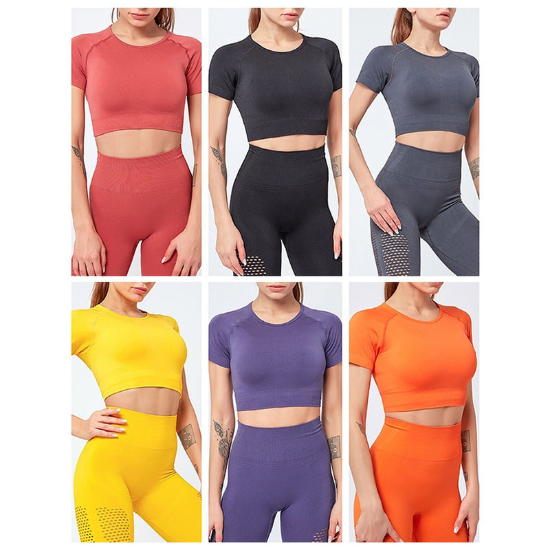 Conjunto de Yoga sin costuras para mujer, ropa de Fitness, conjunto de gimnasio de 2 piezas, Top corto, Leggings, conjunto deportivo para mujer, ropa de entrenamiento