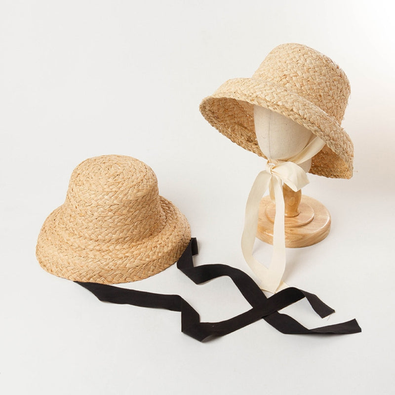 Hand-made Raffia Straw Hat For Kids Retro Flat Top Fold Down Brim Children&