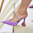 European and American Popular 2020 Summer New Dazzling Pink Crystal Sequined Spool Heels Pointed High Heels Women Slippers