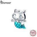 Bamoer 925 plata esterlina gatito sirena encanto azul esmalte cuenta colgante para dije pulsera brazalete DIY fabricación para niña