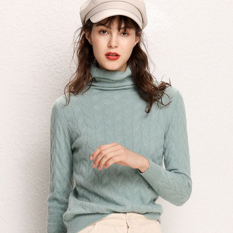 New Cashmere Wool Women Sweater and Pullovers Women Fashion Turtleneck Solid Color Long Sleeve Knitted Hemp Flowers Warm Sweater