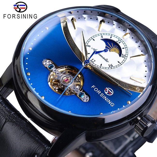 Reloj automático de fase lunar Forsining, reloj de pulsera mecánico resistente al agua dorado para hombres reales, reloj Tourbillon informal de cuero genuino