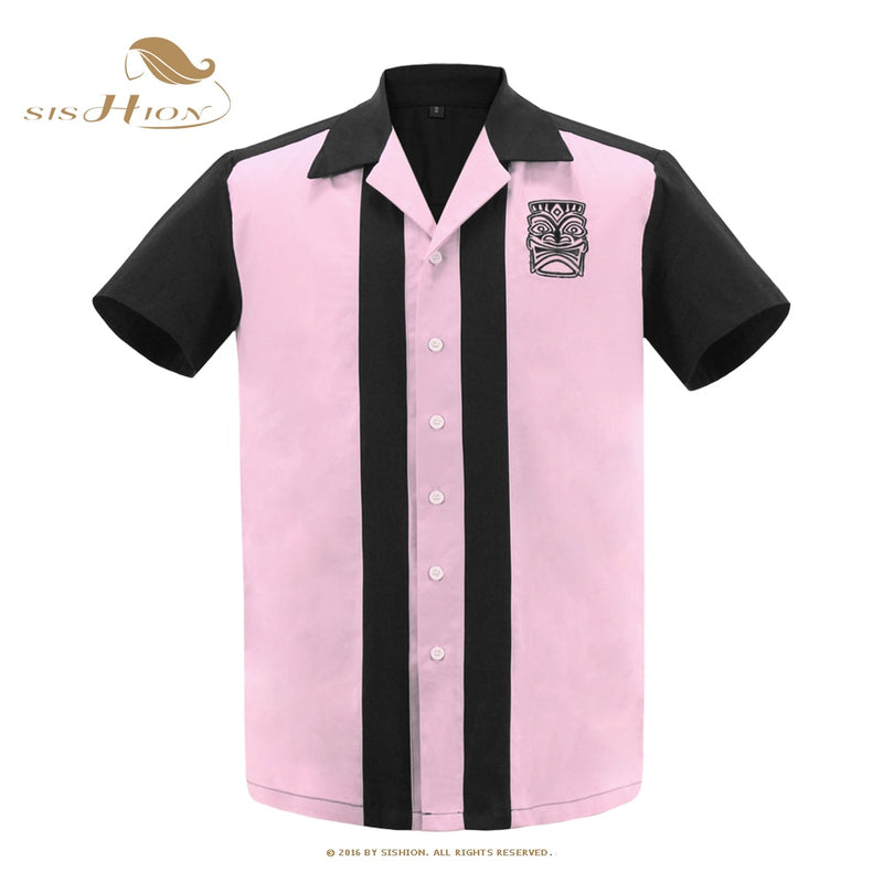 SISHION L-2XL Herrenhemd ST110 Kurzarm Schwarz Rot Rockabilly Baumwolle Lässige Bowlinghemden für Herren camisa masculina