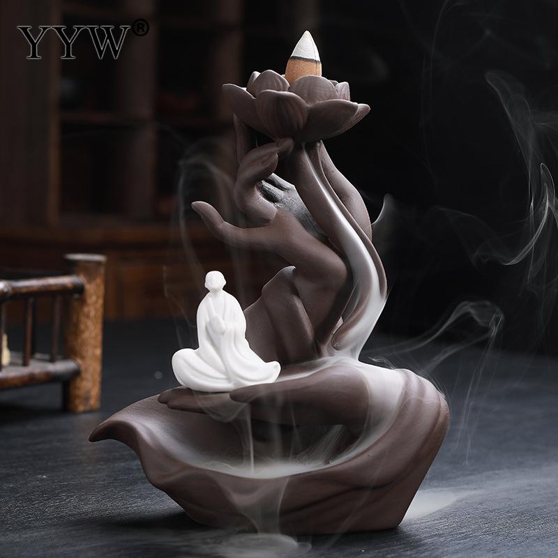 Buddha Hand Backflow Incense Burner Waterfall Incense Burner Lotus Holder Censer Fragrance Stand Ceramic Quemador Decoration