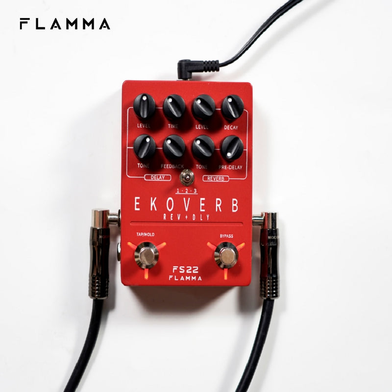 FLAMMA FS22 Ekoveb Dual Reverb Delay Pedal mit Freeze- und Trail-On-Funktion mit Netzteil