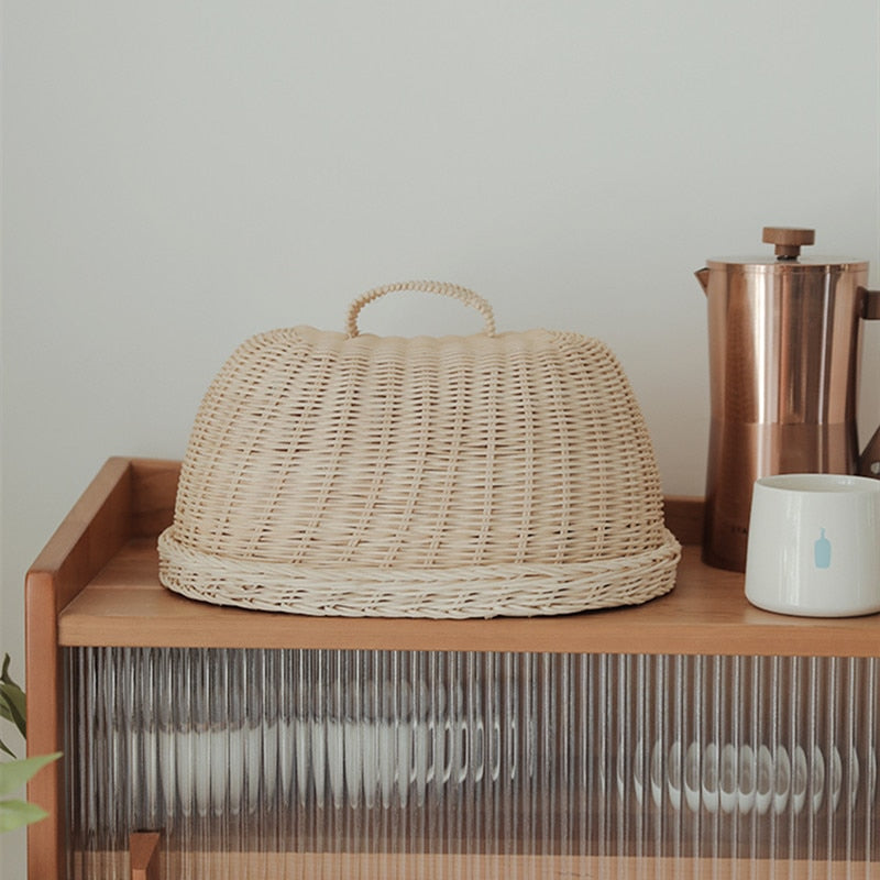 Rattan Basket Bread Basket White Rattan Storage Baskets Fruit Dust Proof Cover Pantry Organizer Kitchen Storage