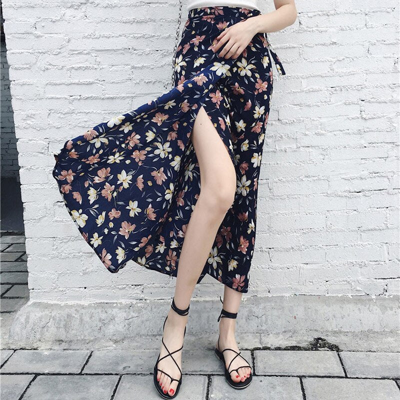 2021 Bohemian High Waist Floral Print Summer Skirts Womens Boho Asymmetrical Chiffon Skirt Maxi Long Skirts For Women