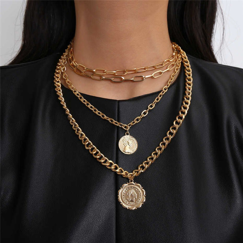 IngeSight.Z Punk Multi Layer Curb Cuban Chunky Thick Portrait Choker Necklace Women Vintage Carved Coin Pendant Necklace Jewelry