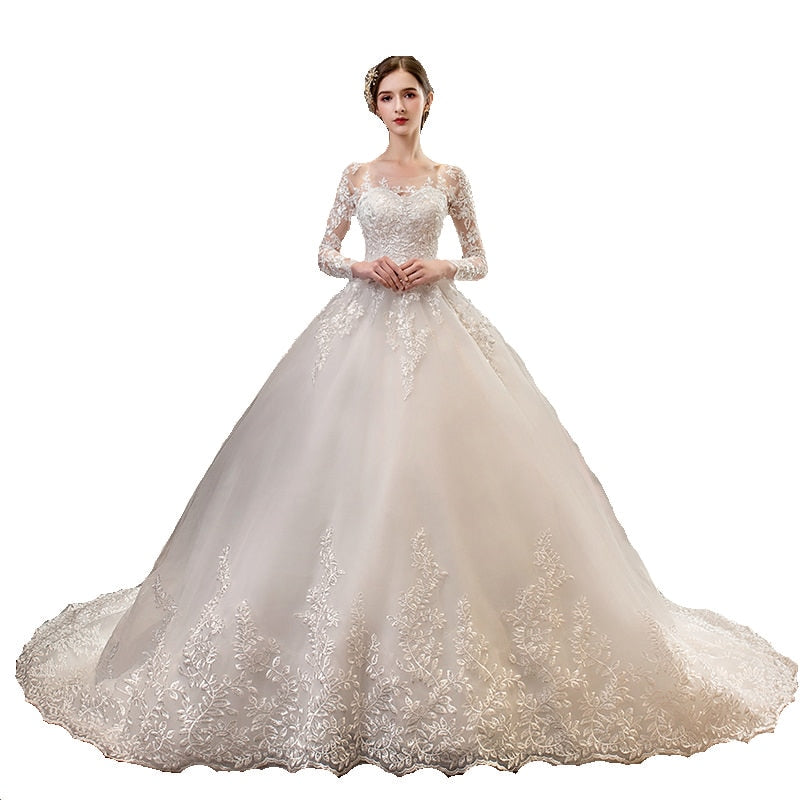 New Romantic Sweet Elegant Luxury Long Lace Princess Wedding Dress With Sleeves Appliques Celebrity Bride Gown Vestidos De Noiva