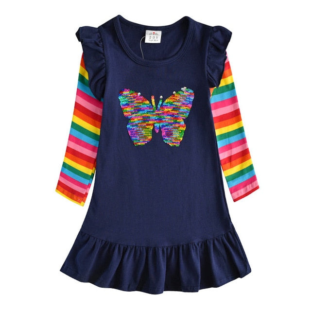 Vestido de algodón para niñas VIKITA, Vestidos con apliques de dibujos animados para niños, ropa informal para niños, Vestidos de retazos de manga larga para niñas