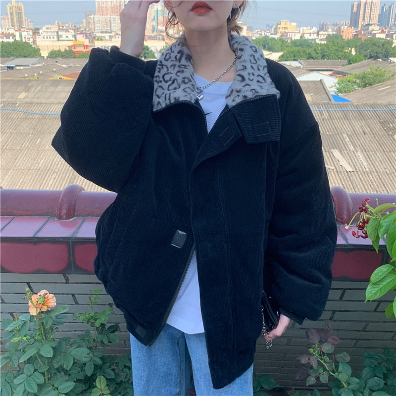 Alien Kitty 2023 New Winter Leopard Patchwork Women Coat Corduroy Warm Loose Casual  Jacket Female Outwear Elegant Tops