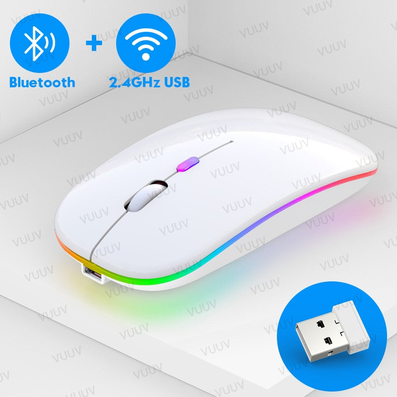 Ratón inalámbrico Bluetooth para ordenador, PC, portátil, iPad, tableta, MacBook con retroiluminación RGB, ratón USB recargable silencioso ergonómico