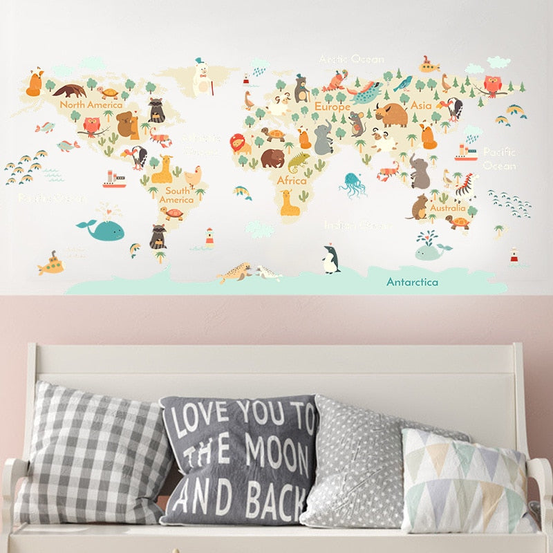 Cartoon Animals Map Wall Stickers for Kids room Bedroom Kindergarten Wall Decor Vinyl PVC Wall Decals Art Murals Home Decoration