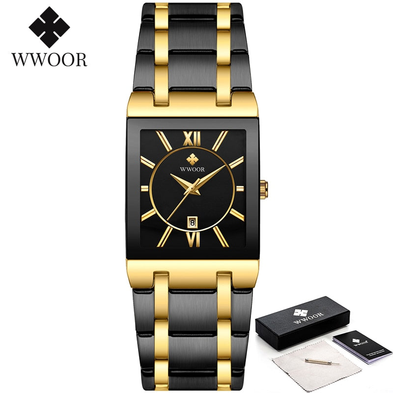 Relogio Masculino WWOOR Gold Watch Men Square Mens Watches Top Brand Luxury Golden Quartz Stainless Steel Waterproof Wrist Watch