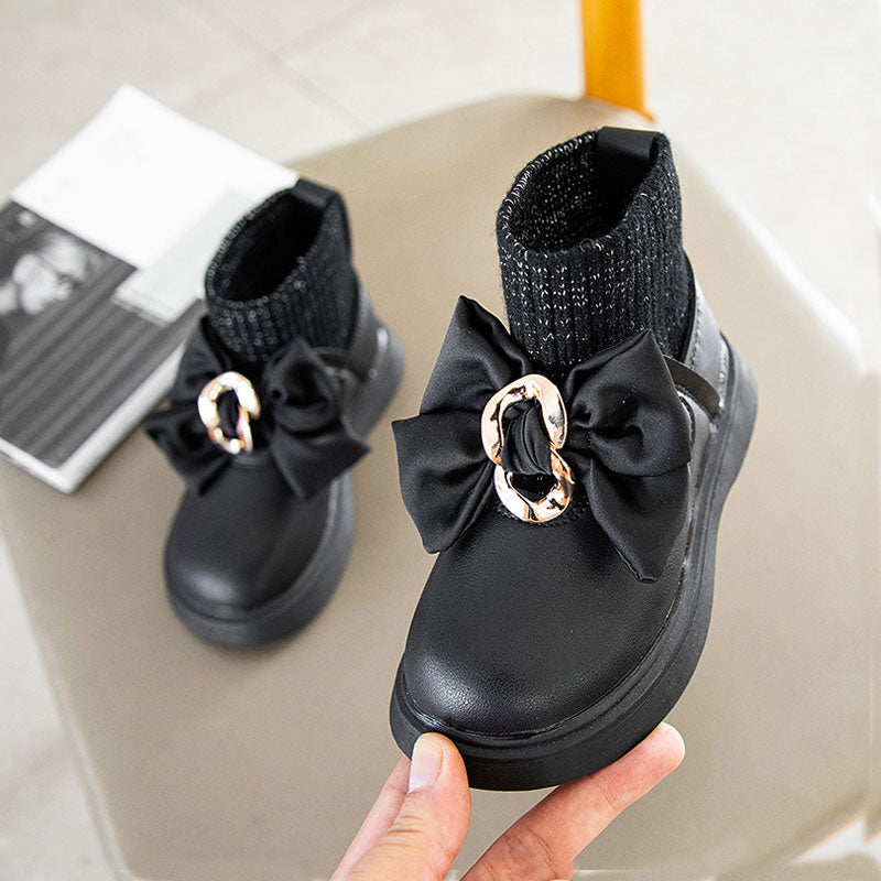 Little Kid Knit Ankle Pu Boots For Girl Metal Buckle Bow Shoes Slip On 2021 Winter Short Plush Warm Bbay Child Boot Size 21-30