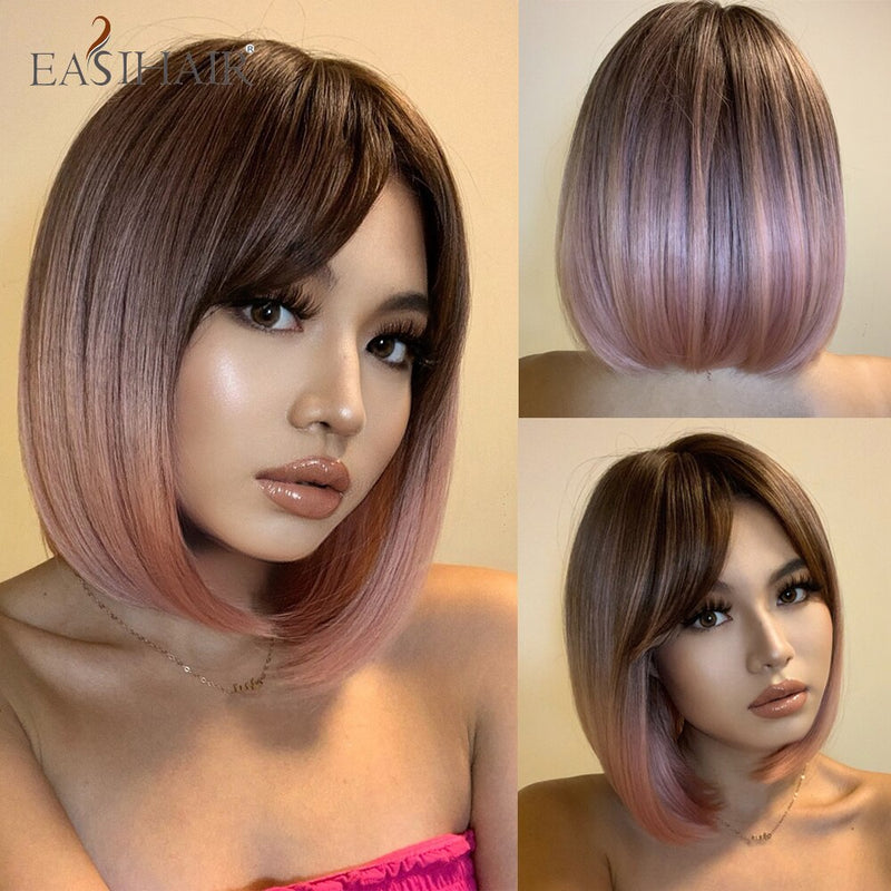 EASIHAIR Dark Brown Short BoBo Wigs with Bangs Heat Resistant Synthetic Hair Wigs Cosplay Lolita Female Wigs for Women