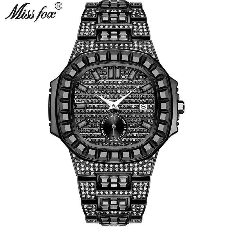 MISSFOX Iced Out Uhren Herren Top-Marke Luxusuhr Herren Volldiamant Quarzuhr Bling Bling Hiphop Hot Rapper Schmuckuhr