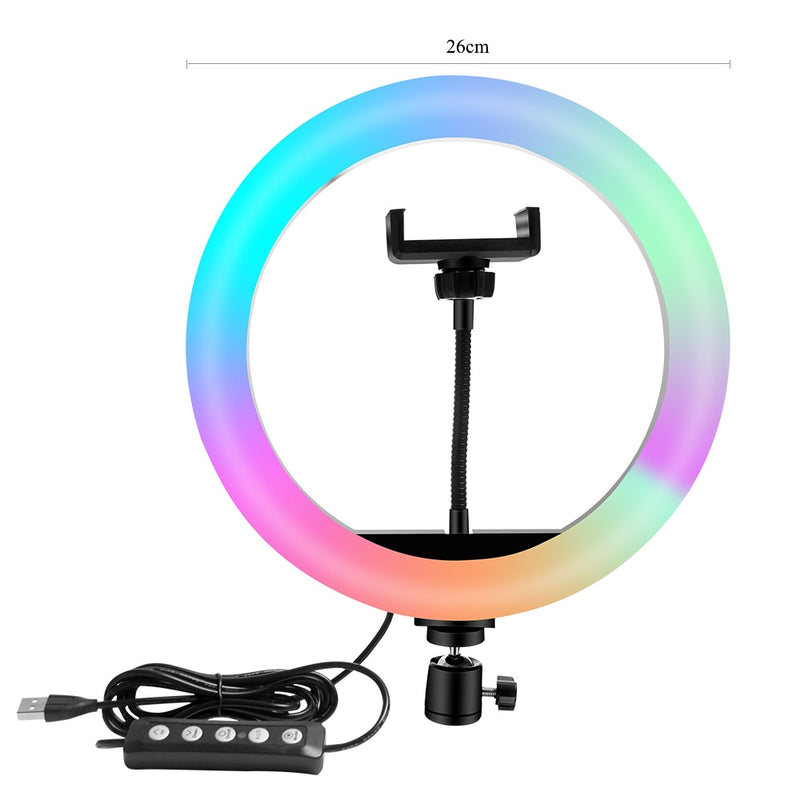 Anillo de luz RGB02 de 10 pulgadas, 26cm, 33cm, 20cm, luz LED arcoíris con soporte para trípode, juego RGB regulable de 1,6 M para vídeo corto, YouTube en vivo