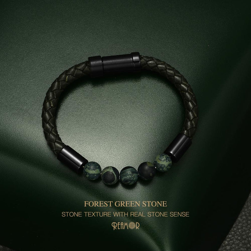 REAMOR Men Black Green Natural Stone Braided Leather Bracelets Gold Color 316L Stainless steel Embedded Clasp Bangle Jewelry