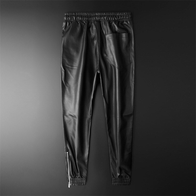 Thoshine Brand Men Leather Pants Superior Quality Elastic Waist Jogger Pants Zipper Pockets Faux Leather Trousers Pencil Pants