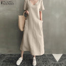ZANZEA 2022 Women Long Maxi Summer Dress Casual Cotton Linen  Ladies Big Pockets Beach Party Robe Femme Vestidos